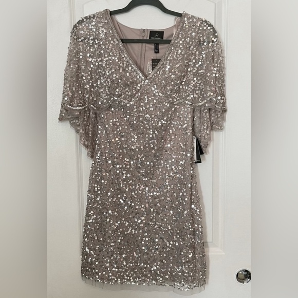 Adrianna Papell Dresses & Skirts - Adrianna Papell Cape Sleeve Sequin Short Dress 0 silver beaded party wedding 0